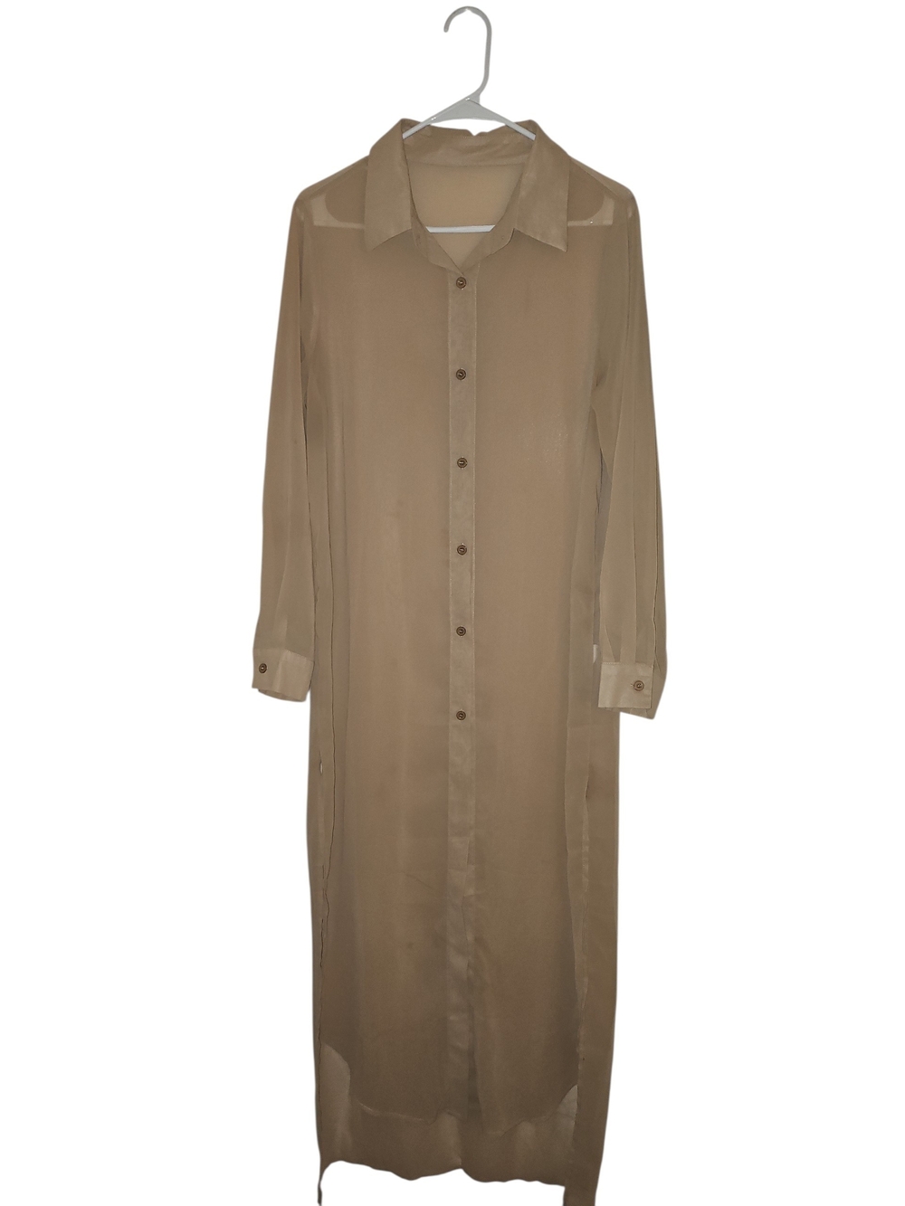 Long Button-Down Sheer Maxi Shirt Dress - Taupe